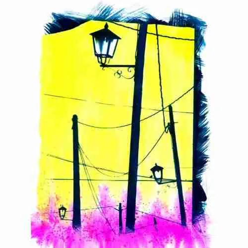 cyanotype with watercolour, Spanish pueblo lighting