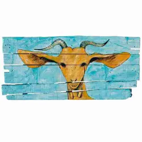 Amy the Goat – oil on an old wooden door, a reflection of life in Andalucia by Emma Plunkett