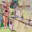 A painting of a kitchen scene, with lovers.