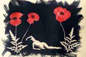 coffee toned cyanotype print with poppies and nude
