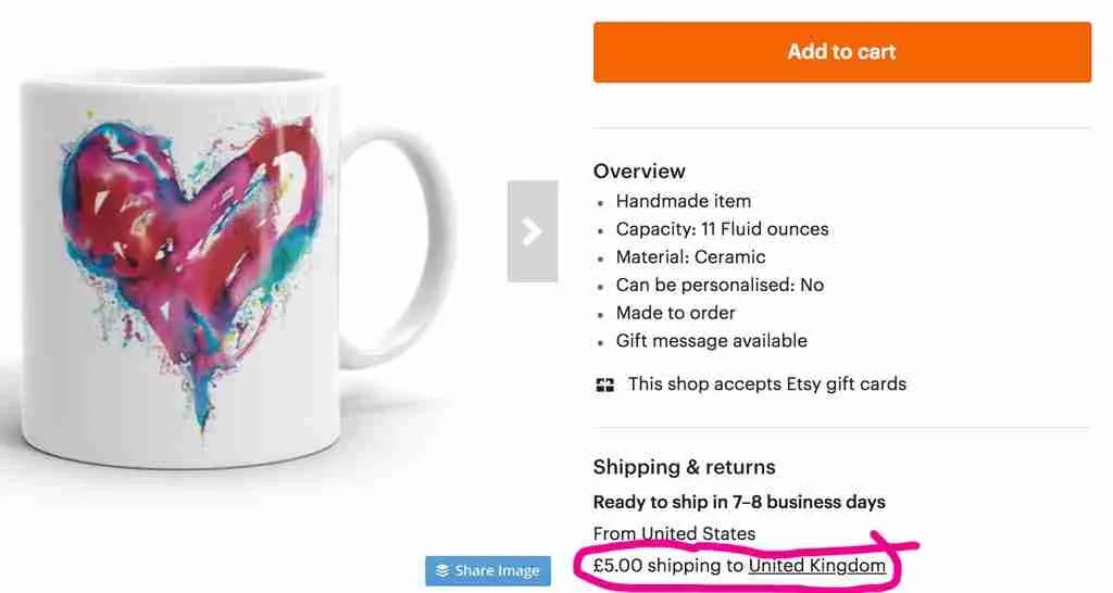 Etsy mug with shipping for USA and EU
