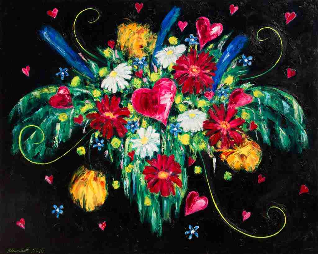 hearts and flowers in a bouquet on a black background