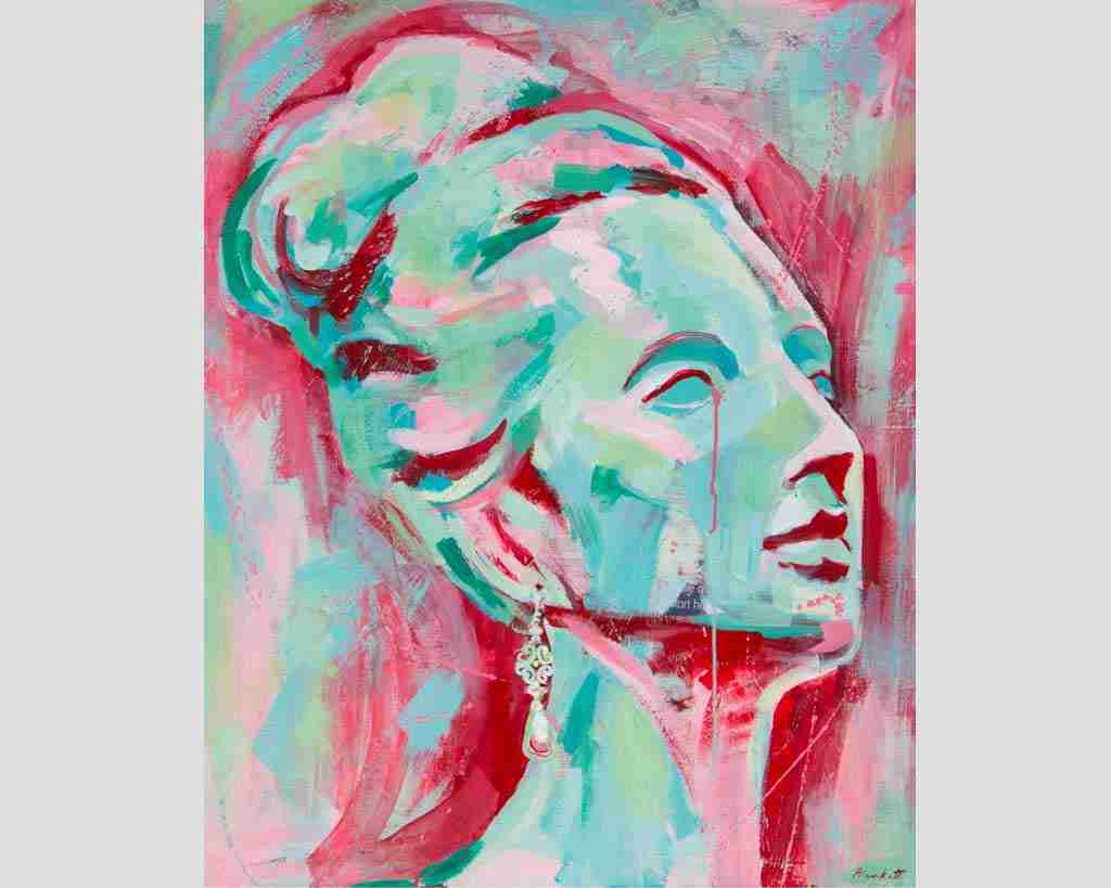 beautiful woman's head painting in pink and turquoise