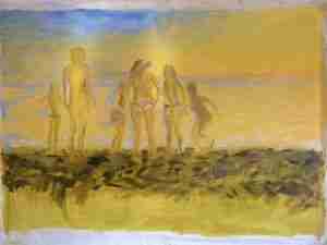 Oil painting of sassy women on beach