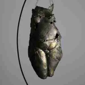 primitive Goddess of abundance, stoneware sculpture, female form made of fired clay
