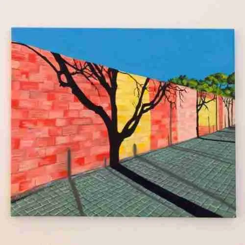 oil painting of a tree shadow against an ordinary wall, with blue sky