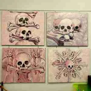 Pink skull oil paintings on exhibition