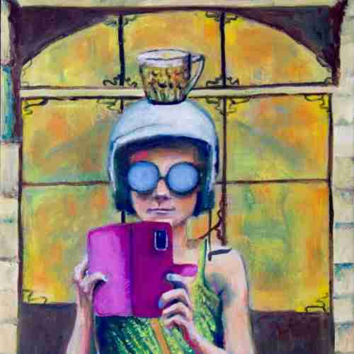 oil painting of a lady with beer on her head
