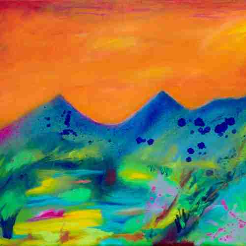 An abstract oil painting of mountains with an orange sky