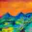 An abstract oil painting of mountains with an orange sky