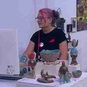 VJ Miss Plunkett with her sculptures