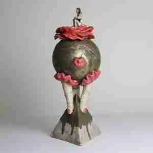 Stoneware surreal sculpture with geometric shapes, fingers and tiny pouty lips
