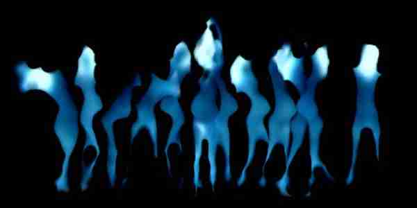 Ethereal layered video art with pale blue pregnant dancer