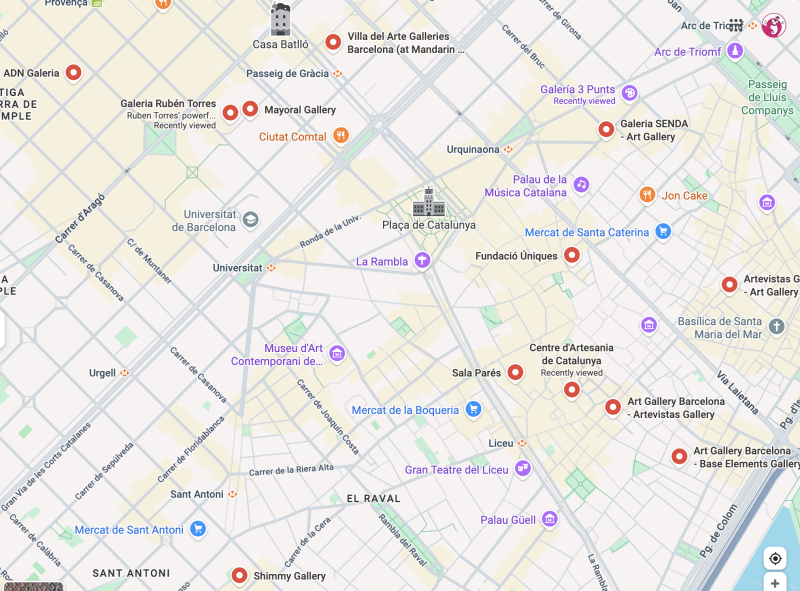 a map of the best commercial contemporary art gallery locations in Barcelona