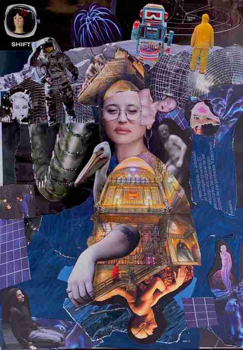 A3 goddess collage, in gold in a spacey scenario
