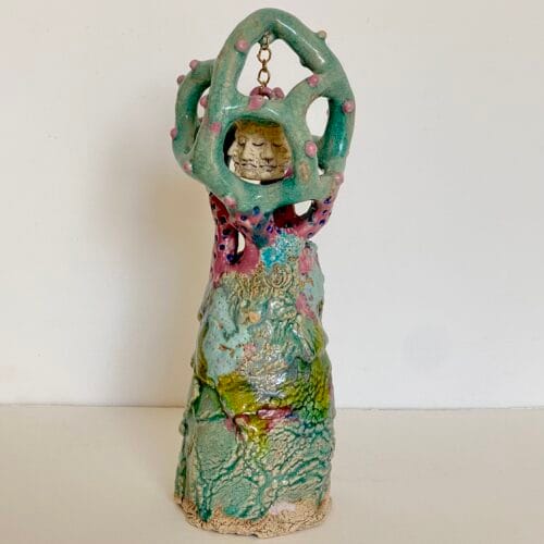 Surreal, colourfully glazed, 34cm-high stoneware ceramic sculpture.