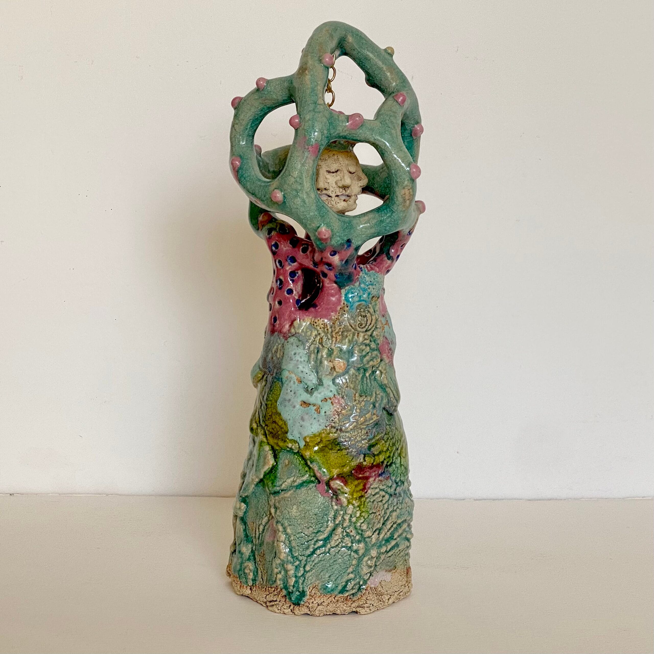 Surreal, colourfully glazed, 34cm-high stoneware ceramic sculpture.