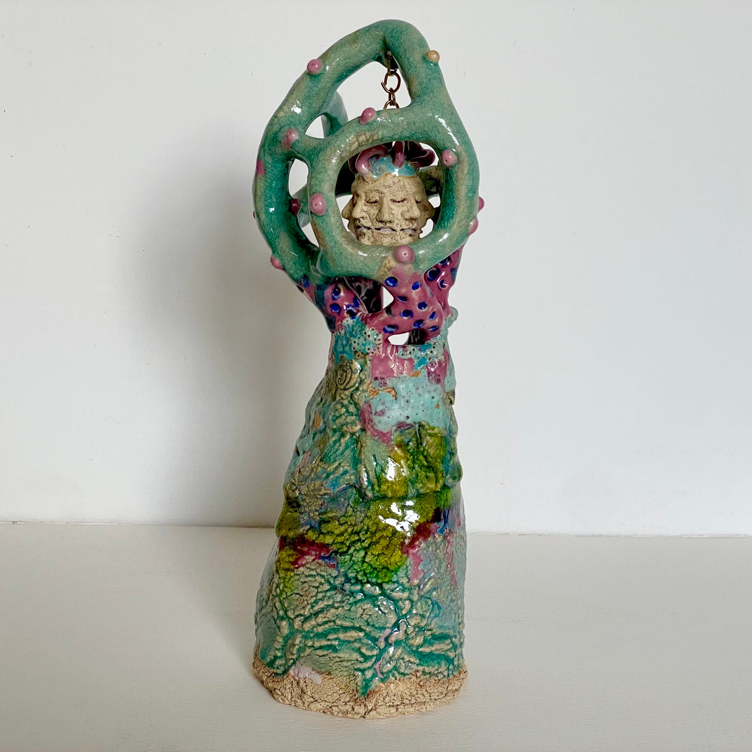 Surreal, colourfully glazed, 34cm-high stoneware ceramic sculpture.